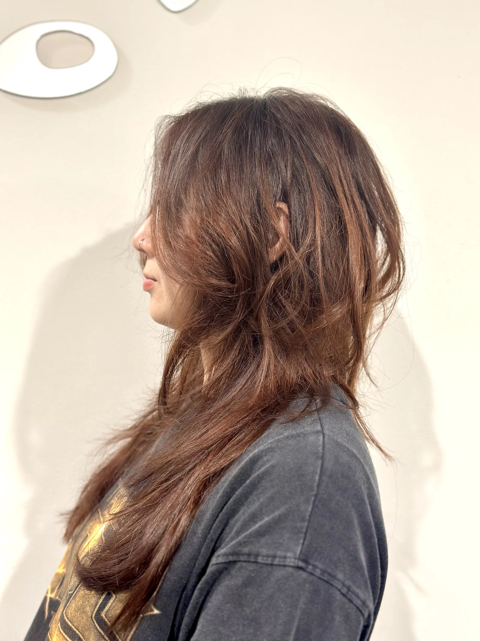 Warm auburn copper layered wolf cut