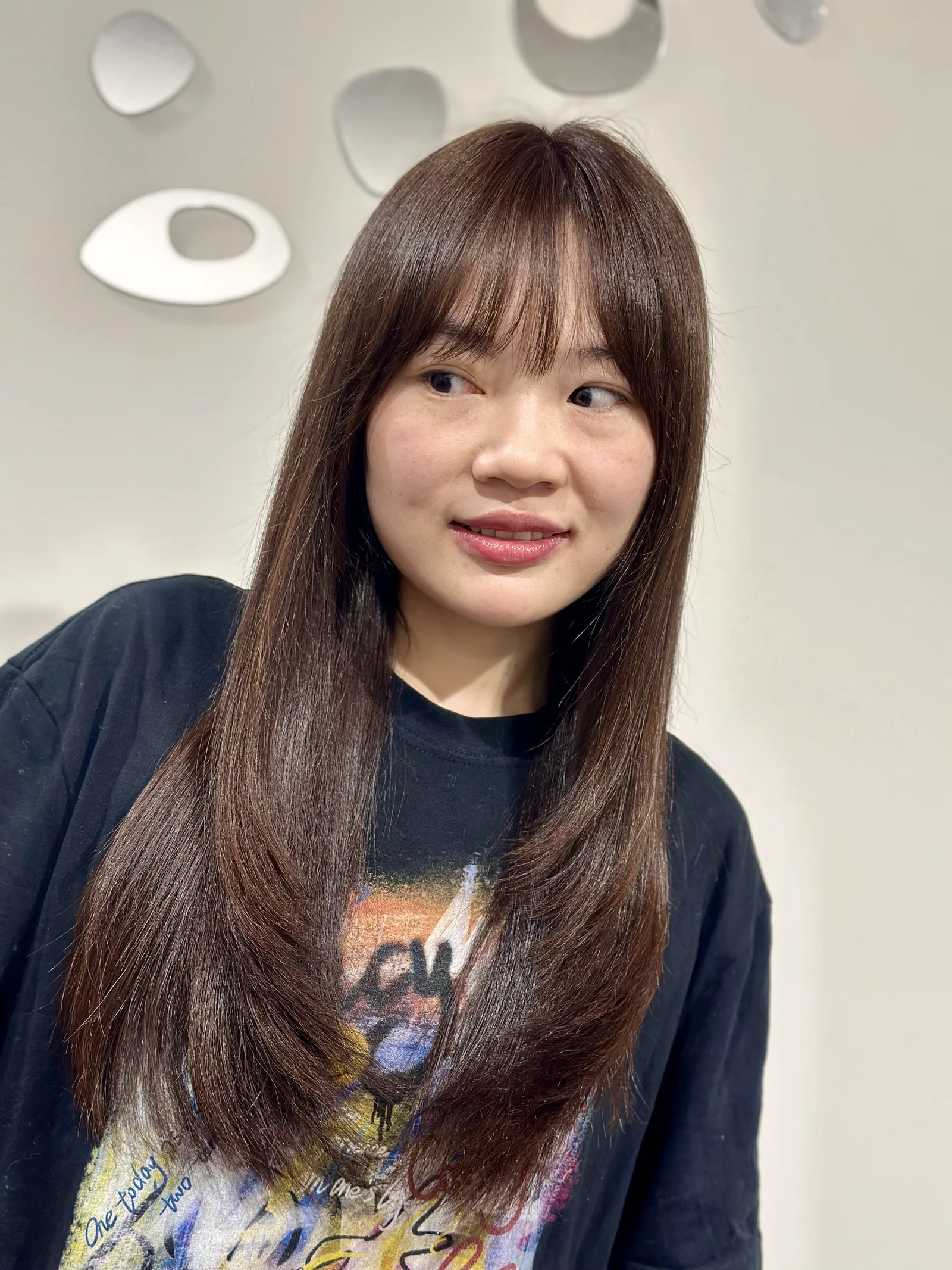 Chocolate brown long straight with bangs