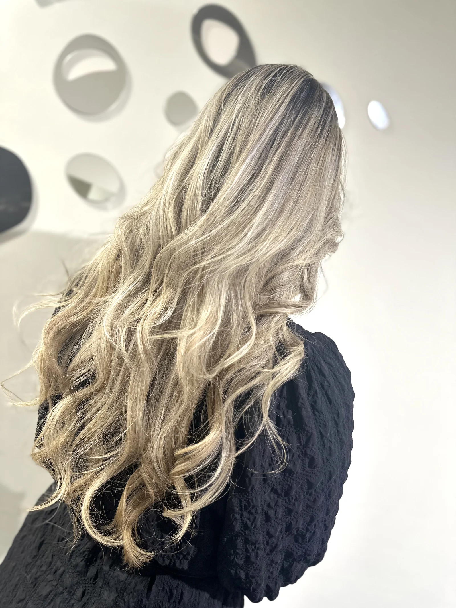 Platinum blonde balayage, long wavy