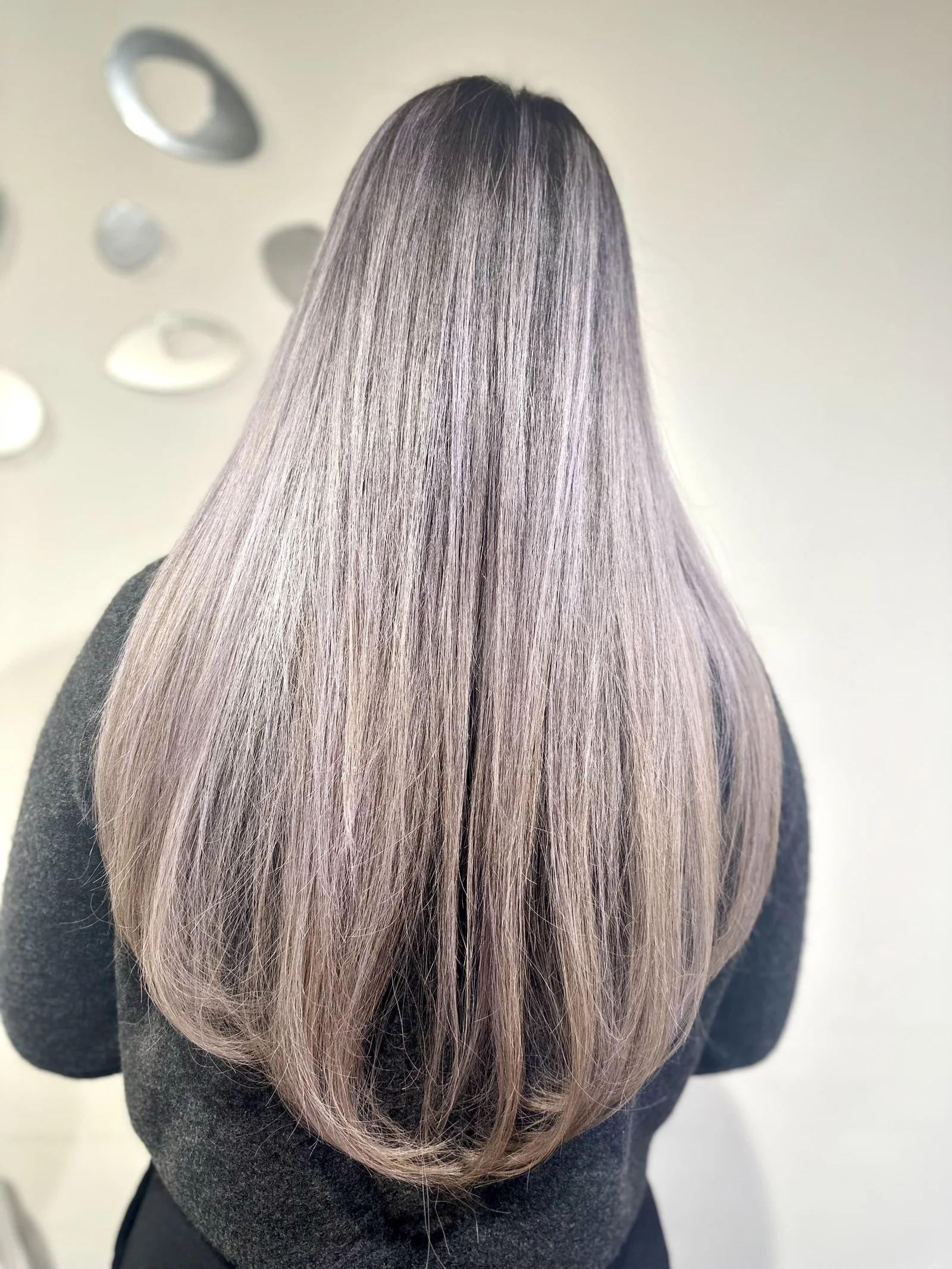 Silver ash blonde balayage, long straight