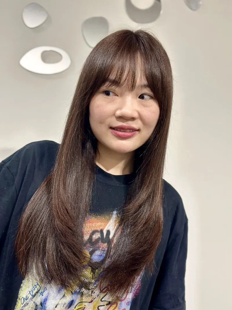 Chocolate brown long straight with bangs